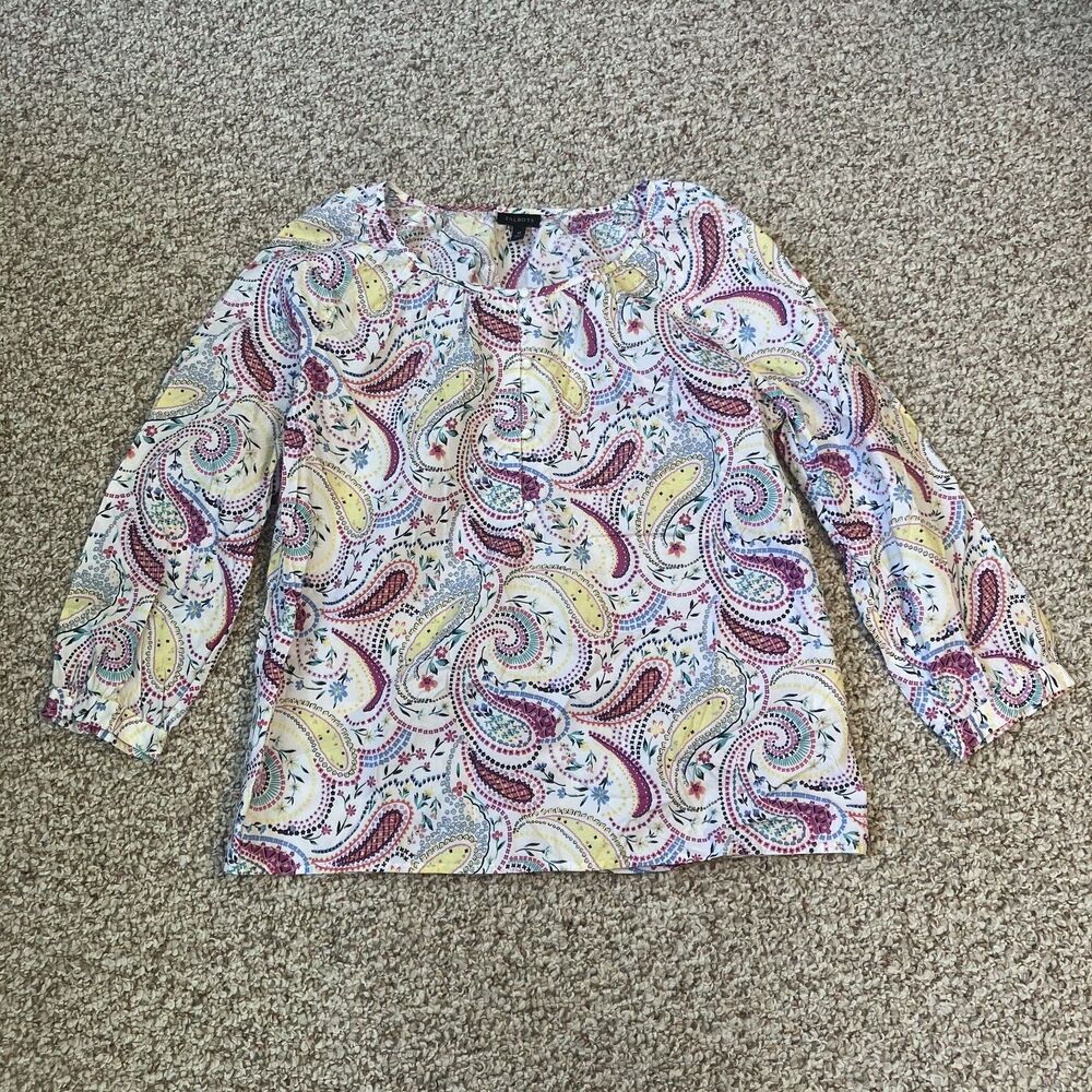 Talbots Womens Paisley Blouse Top Size M 3/4 Sleeve Button Beachy Colorful Shirt